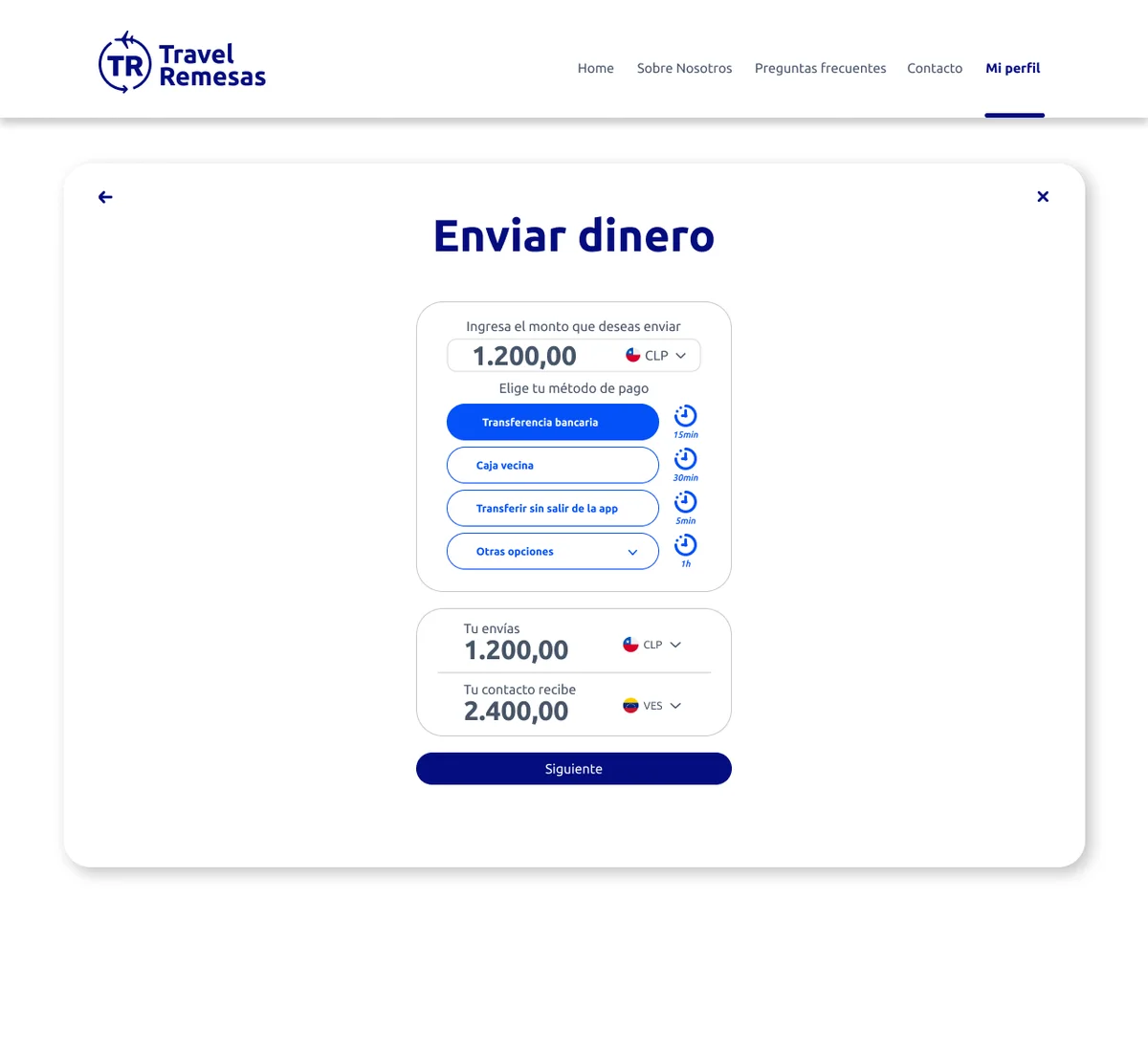 Pantalla Enviar dinero con el importe en pesos chilenos, los métodos de pago y lo que recibe el contacto en bolívares